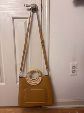 Antik Kraft Mustard Yellow Faux Leather Tote Bag with Rattan Handles and Removab